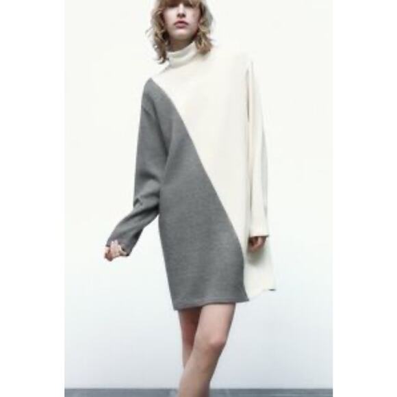 Zara color block gray cream soft knit dress, size large - Picture 1 of 12